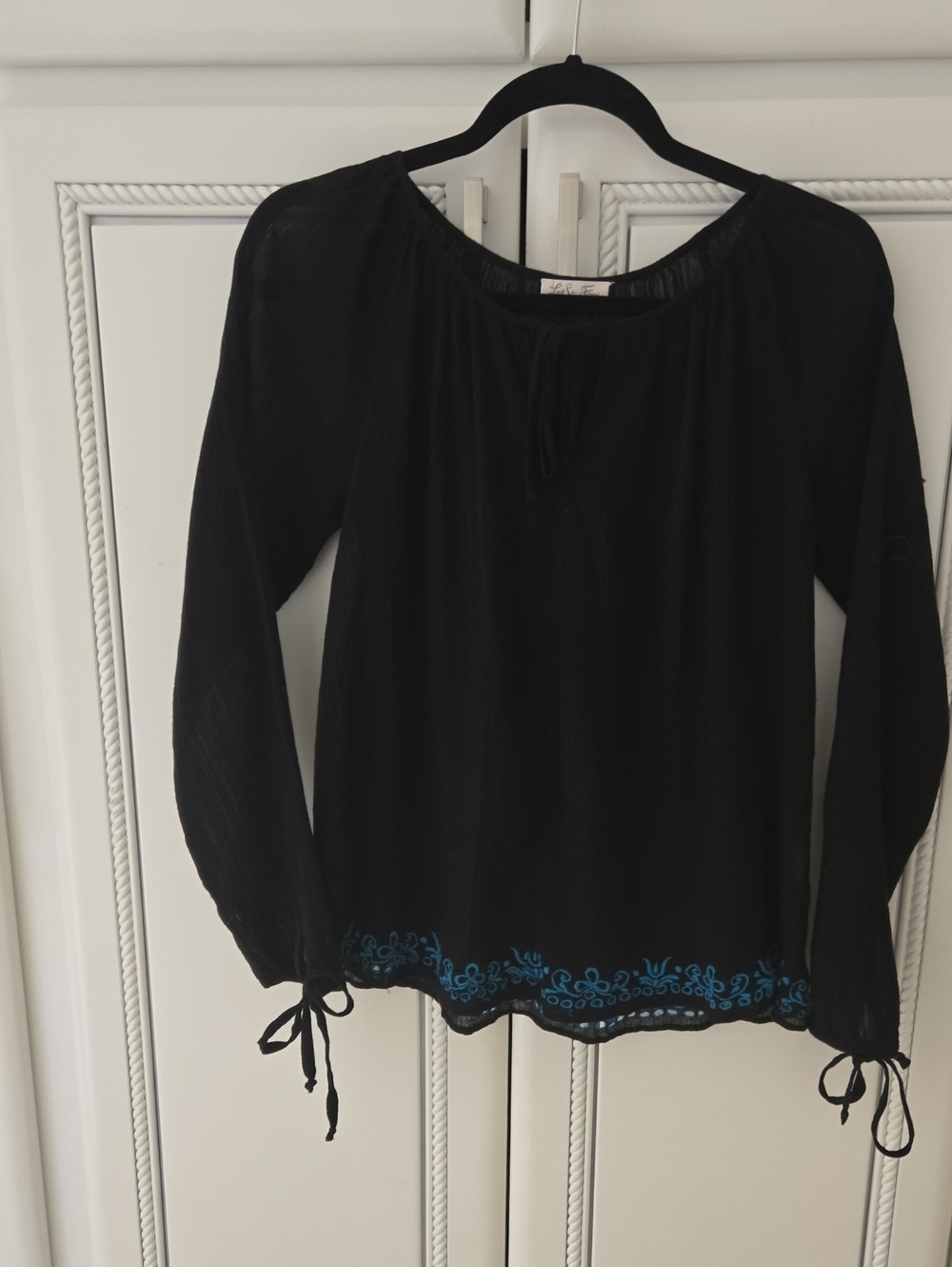 Love Shack Fancy Black Peasant Tunic with Blue Embroidered Hem
